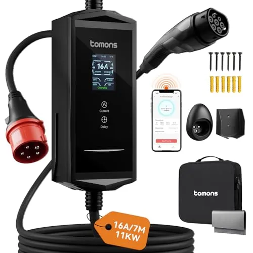 tomons Mobile Wallbox 11 kW mit App und Typ 2 Ladekabel 7M
