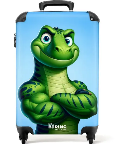 NoBoringSuitcases.com© Kinderkoffer Grüner Dino mit großen Muskeln 55x35x20cm, 4 Rollen, Handgepäck Koffer, Hartschalenkoffer Kinder, Reisekoffer Jungen