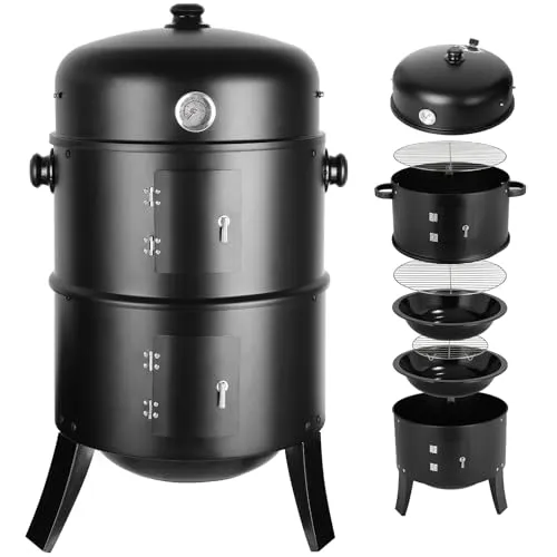 TLGREEN Räucherofen, 3 in 1 Smoker Grill Holzkohlegrill, Räuchertonne Räuchergrill Watersmoker, Räuchern Räucherofen mit Deckel & Thermometer, 2 Grillrost Edelstahl, 2 Wasserschale Emaille
