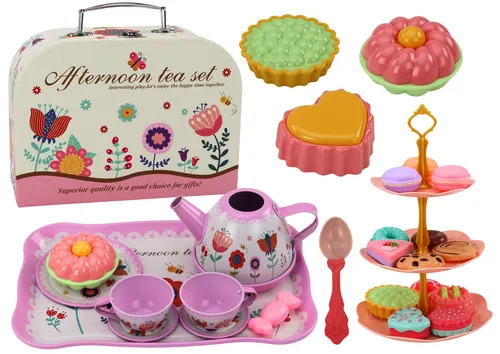 Teeservice im Koffer, Tassen, Teller, Kuchenständer
