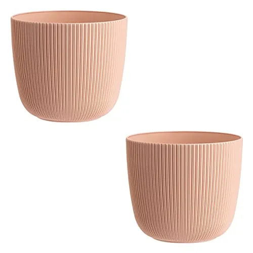 Engelland - 2 x Blumentopf mit Drainagesystem, Apricot/Aprikose, Rillenoptik, Pflanz-Topf, Kübel, modern, widerstandsfähig, rund, wetterfest, Kunststoff, Ø 25 cm, 8 Liter