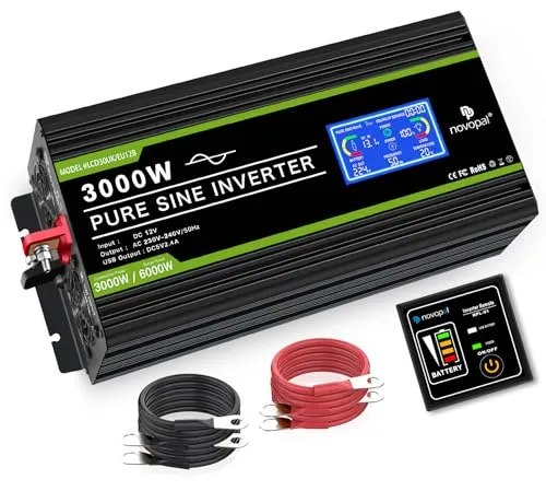 NOVOPAL 3000W Wechselrichter 12v 230v Reiner Sinus Spannungswandler | Inverter mit 5m-Fernbedienung & LCD-Display, 5V 2.4A USB, 2AC Steckdosen Spitze 6000W für Auto, Wohnwagen, Boot, Camping