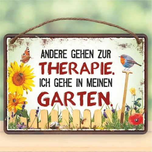 Metallschild Blechschild Schild mit Kordel zum Anhängen 16,5x12, Therapie Garten