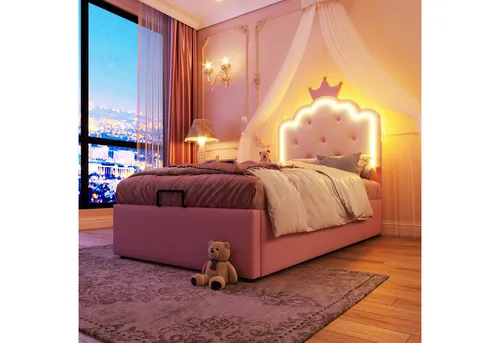 OKWISH Polsterbett Kronprinzessinnen-Design,Jugendbett,mit LED-Umgebungslicht (Polsterbett,für Mädchen mit Lattenrost, Fernsteuerung Ambientelicht, hydraulischer Stauraum, Kronprinzessinnenform, rosa kunstleder-Material, für Kinderzimmer, inkl. Lattenrost, 90 x 200 cm), mit Matratze