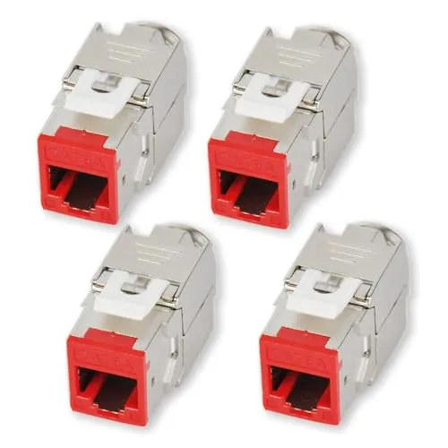KOSCOM CONNECT 4x Keystone Modul CAT6A in rot | STP RJ45 Einbaubuchse für Netzwerk-Leerdose & Patchpanel | vollgeschirmt I bis zu 10 Gbit/s & 500 MHz | werkzeugfreie Snap-In Montage | AWG 22-25