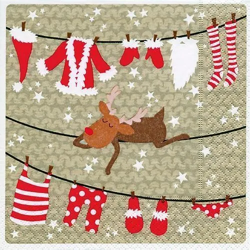 Servietten Chilling Rentier Pause Wäsche Leine Winter Advent Deko rot 33x33cm 20