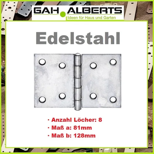 GAH Edelstahl Scharnier Höhe 81 mm Breite 128 mm Stärke 1,5 mm