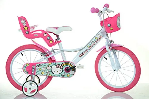 Dino Bikes Hello Kitty 14'' Fahrrad für Mädchen - Jugend- & Kinderfahrräder, 90% vormontiert und ideal für Kinder von 4-6 Jahren. Mit abnehmbaren Stützrädern und einem süßen Puppensitz für gemeinsame Abenteuer!