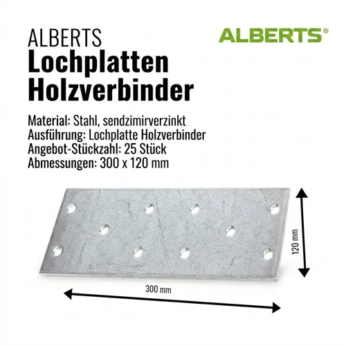ART 81506 Lochplatte Stahl 300 x 120 x 2 sendzimirverz., 25 Stück - Flachwinkel Lochplatten aus sendzimirverzinktem Stahl, robust und ideal für vielseitige Anwendungen im Bau- und Handwerksbereich.