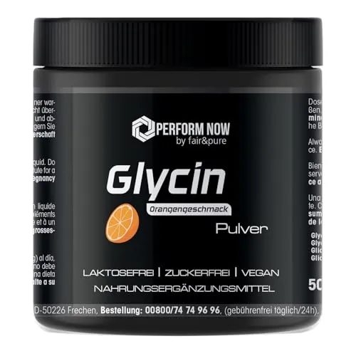 Fair & Pure Perform Now Glycin Pulver 500 g, 3 g pro Portion, Orangengeschmack, Nahrungsergänzungsmittel vegan, laktosefrei, zuckerfrei, in Deutschland hergestellt