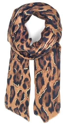 styleBREAKER Damen Schal mit Leoparden Muster und goldenen Metallic Akzenten | weiches langes Tuch mit kurzen Fransen 180 x 88 cm, Farbe:Braun-Schwarz