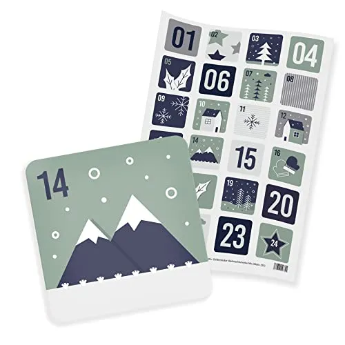 itenga 24x Adventskalenderzahlen Sticker Aufkleber 1 bis 24 blau grün mit Weihnachtsmotiven eckig nordic