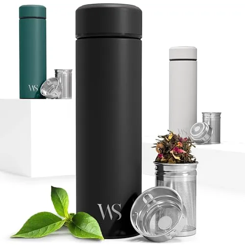 Thermosflasche + Tee/Früchte Sieb-INFUSER - Isolierte Edelstahl Thermo Teeflasche, BPA frei | Trinkflasche + Teesieb/Fruchteinsatz, 450ml To-Go Thermobecher Thermoskanne: Büro Sport Schule, Flasche