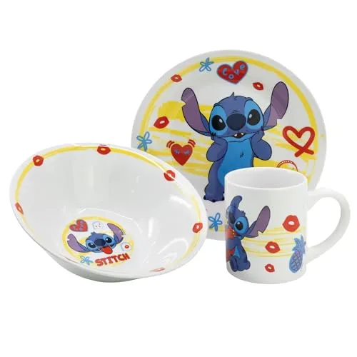 Kindergeschirr Set aus Teller, Schüssel und Tasse von Stitch - Buntes und lustiges Geschirr-Set in Geschenkbox, ideal für Kinder. Hochwertige Keramik sorgt für Langlebigkeit und Spaß bei jeder Mahlzeit, ob zu Hause oder unterwegs.