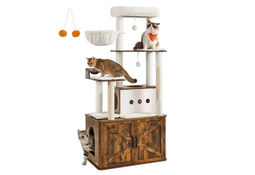 FEANDREA Kratzbaum mit großer Höhle und erhöhten Fressnäpfen