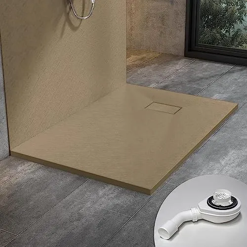 Duschwanne 140x90 cm SMC Brausewanne helles Brauen Steinoptik Antirutsch Duschtasse Höhe 3,2 cm Niedrige Schwelle Extraflach Brausetasse und Ablaufgarnitur Ø 90 mm