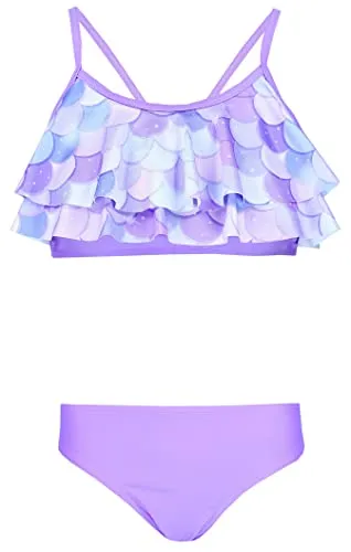 Produktbild Aquarti Mädchen Bikini Set Bustier Bikinislip Zweiteiliger Badeanzug, Farbe: 030F mit Rüschen/Meerjungfrau Violett/Lila, Größe: 134