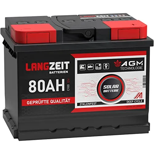 LANGZEIT AGM Batterie 80Ah 12V – Hochleistungs Solarbatterie für Wohnmobil und Boot - Auto & Motorrad – Zyklenfeste AGM Batterie für zuverlässige Energie in Wohnmobilen und Booten, wartungsfrei und 100% auslaufsicher.