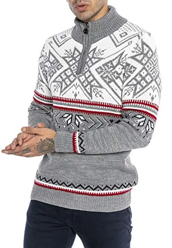 Redbridge Strickpullover für Herren Norweger Pullover Stehkragen Reißverschluss Grau S