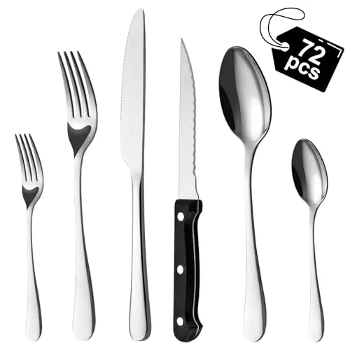 BEWOS 72-teiliges Besteck set mit Steakmesser Service für 12, Premium-Edelstahl-Bestecksets für Haus & Küche, Hochwertiges Messer-Löffel-Gabel-Besteck-Set Hochglanzpoliert, Spülmaschinenfest