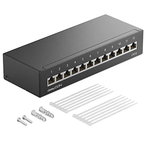 deleyCON CAT 6 Patchpanel Verteilerfeld 12 Port 1 HE Desktop & Wandmontage Geschirmt 12x RJ45 Buchse LAN Netzwerk Verlegekabel TIA568A TIA568B RAL 9005 Schwarz