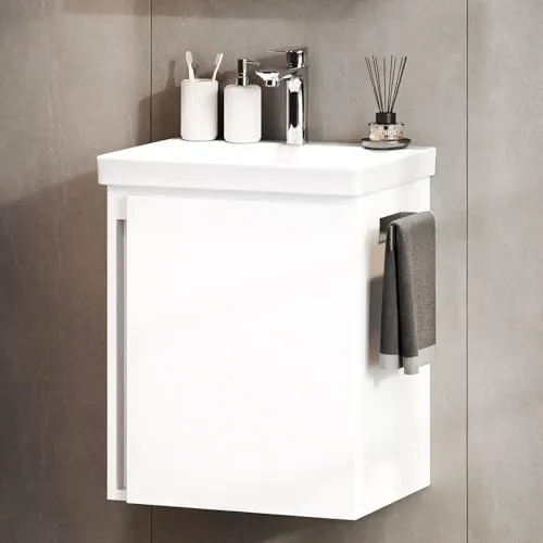 Planetmöbel Waschtisch mit Unterschrank 50 cm - Hängendes Badmöbel Set mit Soft-Close-Funktion und platzsparenden Maßen – ideal für kleine Bäder und Gäste-WCs. Inklusive Waschtischarmatur aus Chrom.