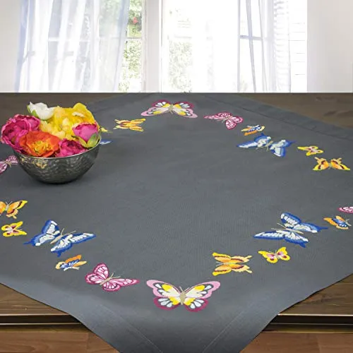 Ernst Schäfer Stickpackung Schmetterlinge, Tischdecken Set vorgezeichnet zum Sticken, Stickset mit Plattstich und Stielstich zum Selbersticken