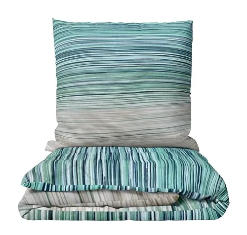 Leonado Vicenti Bettwäsche Set Baumwolle Renforce Grau Grün gestreift modernes Design Deckenbezug Kissenbezug atmungsaktiv mit Reißverschluss, 3teilig, 200x220 cm