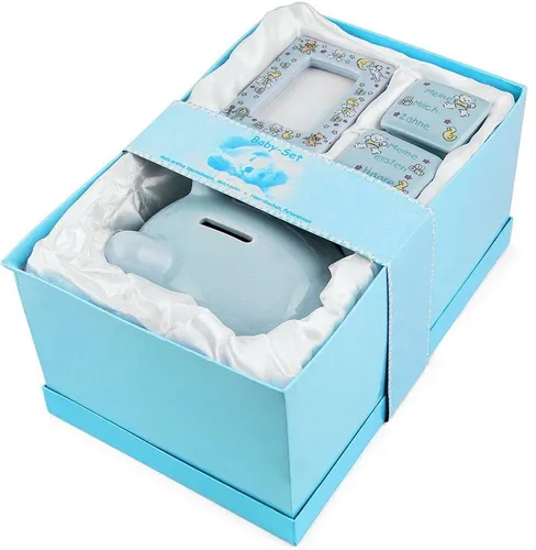 BRUBAKER Spardose Baby Geschenkset 'Mein erstes Sparschwein' - Spardosen Set mit Bilderrahmen und Döschen für erste Erinnerungen, ideal als Geschenk zur Geburt oder Taufe, Farbe: Blau.