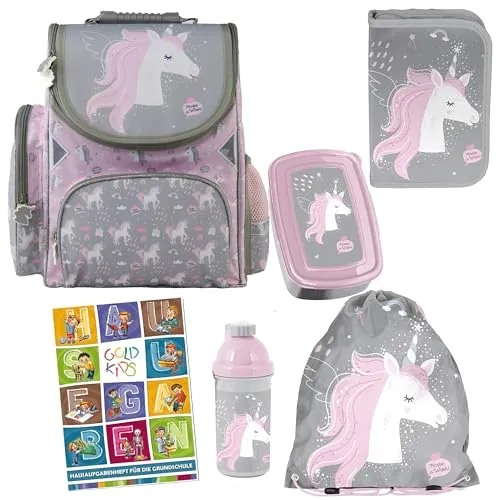 Goldkids - Schulranzen für Mädchen - Schul-Rucksack für Kinder mit Federmäppchen - Schuhbeutel und Hausaufgabenheft - Einhorn Motiv - 1-3 Klasse (6er-Set)