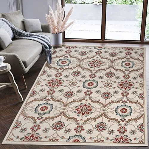 Mazovia Orientalischer Teppich 60 x 100 cm - Eleganter Wohnraumteppich in Creme Beige - Hochwertiger orientalischer Teppich mit klassischem Blumenmuster, ideal für Wohnzimmer und Esszimmer. ÖKO-TEX zertifiziert für geprüfte Qualität und hohe Strapazierfähigkeit. Pflegeleicht und langlebig, sorgt für Wärme und Komfort.