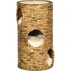PawHut Kratztonne aus Stahl mit Wasserhyazinthe - Kratzbaum mit drei kuscheligen Höhlen und einer gepolsterten Aussichtsplattform – ideal für entspannte Rückzugsorte Ihrer Katzen.