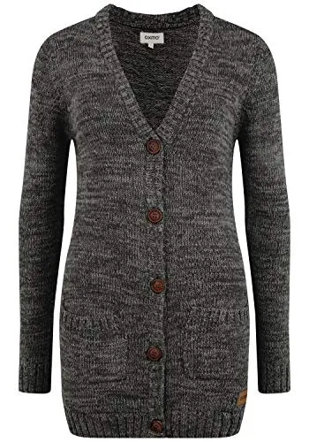 OXMO OXPhilemona Damen Lange Strickjacke Grobstrick Cardigan Longstrickjacke mit aufgesetzten Taschen Knöpfen 100% Baumwolle Regular fit, Größe:XS, Farbe:Black (799000)