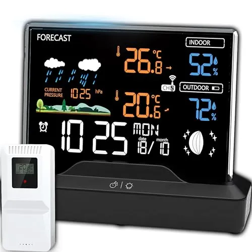Retoo Wetterstation Funk mit Außensensor Funkwetterstation mit Wettervorhersage Innen und Außen Thermometer Hygrometer Barometer Luftfeuchtigkeit Funkuhr Sensor Reichweite 80m LCD Display Schwarz