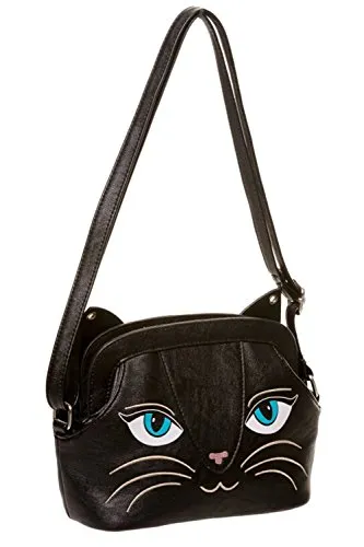 Banned Black Cat Bag mit Rattles – Vintage Kitty Umhängetasche - Messenger-Bag mit süßem Katzenmotiv, verstärkter Taschenöffnung und verstellbarem Schulterriemen – perfekt für Retro-Liebhaber!