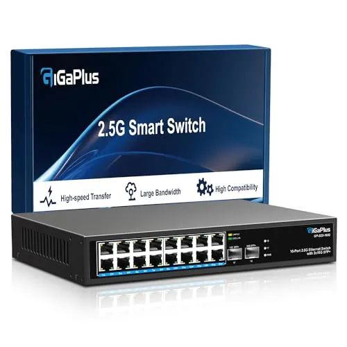Port 2.5Gb Nicht Verwalteter Ethernet Switch mit 16* 2.5G Base-T Ports, 2*10G SFP+ Ports. GiGaPlus 2.5Gbe Netzwerk Switch für 2.5G NAS/PC, Wireless AP, WiFi6-Router. lüfterloses Design 18
