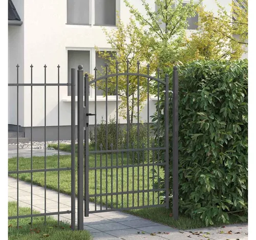 furnicato Zauneinzeltür Modernes Gartentor 104 x 195 cm Grau mit Spitzen - Stilvolles Gartentor aus pulverbeschichtetem Stahl, das Witterungsbeständigkeit und Sicherheit vereint. Mit robusten Riegelschlössern und einfacher Montage sorgt es für Schutz und Eleganz in Ihrem Außenbereich.