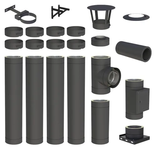 Edelstahlschornstein Komplettset 5,2 m Ø 130 mm doppelwandig DW-Black - Komplettset für Wandmontage, geeignet für trockene und feuchte Betriebsweisen. Aus robustem Edelstahl mit 0,5 mm Wandstärke und 25 mm Dämmung. Hohe Temperaturbeständigkeit bis 450 °C.