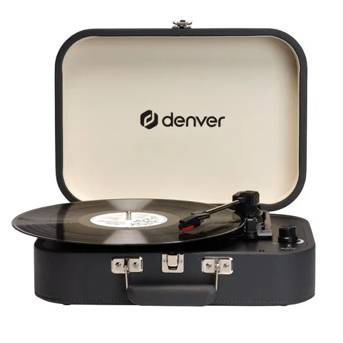 Denver VPL-130DGR Plattenspieler im Retro-Design - Stylischer Plattenspieler im Kofferdesign, ideal für Vinyl-Liebhaber. Integrierte Lautsprecher, USB-Anschluss zur Digitalisierung und flexible Anschlussmöglichkeiten für besten Klang.