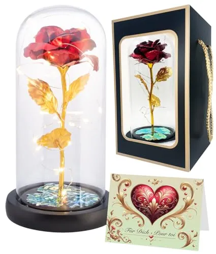 Lunartec Goldene Rose: Ewige rote Rose unter Glas mit LED-Licht, 21,5 cm, in Geschenktasche (Kunstblume, schöne-Blumen, Nachtischlampe)