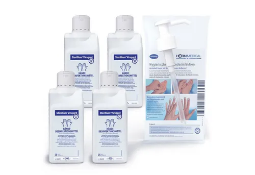 PAUL HARTMANN AG Horn Medical Dosierpumpe mit 4x Sterillium Virugard 500ml Hand-Desinfektionsmittel (farbstoff- & parfümfrei, [- Hochwirksame Desinfektionslösung wirkt sofort bis zu 6h geg. Hefepilze, Bakterien, Viren)