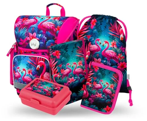 Baagl Schulranzen Set Jungen 5 Teilig, Ergo Schultasche ab 1. Klasse, Ergonomische Grundschule Ranzen mit Brustgurt (Flamingos)