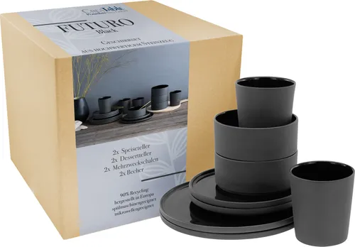 CreaTable - Futuro 8-tlg Kombiservice (Schwarz) - Komplett-Service für 2 Personen, modern und elegant in Schwarz, spülmaschinen- und mikrowellengeeignet – ideal für festliche Anlässe und den täglichen Gebrauch.
