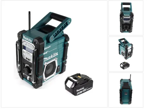Makita DMR 112 T1 Akku Baustellen Radio mit Bluetooth und DAB+ - Robustes Baustellenradio mit Bluetooth und DAB+ für perfekten Empfang. Inklusive 5,0Ah Akku für lange Einsatzzeiten, spritzwassergeschützt (IP64) und ideal für den Außeneinsatz.