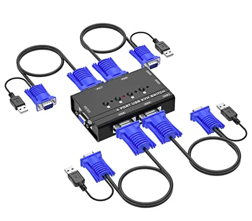 Yinker VGA KVM Switch 4 Port VGA KVM Umschalter für Tastatur Maus USB-Lautsprecher mit KVM-Kabel