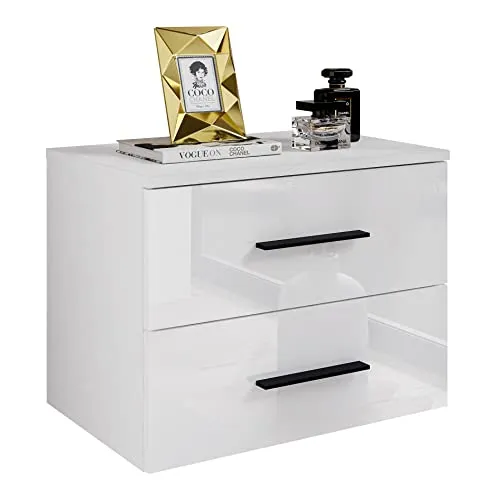 lukmebel Hängender Nachttisch LINA II 55x42x37 cm- LED Beleuchtung - Nachtkästchen - Weiß/Weiß Hochglanz - Griffe - Nachtschrank - Beistelltisch mit Schublade - Schlafzimmerschrank