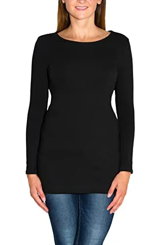 Alkato Damen Langarm Longshirt Langarmshirt Tunika Basic Shirt, Farbe: Schwarz, Größe: XXL