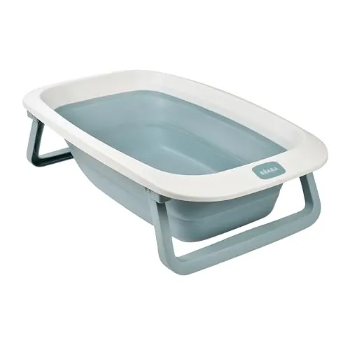 BÉABA Faltbare Babybadewanne Eazy Pop Camélé'O, Blau - Badewanne für Babys, ultrakompakt und faltbar, ideal für kleine Räume. Rutschfeste Füße bieten Sicherheit beim Baden, inklusive Ablassstopfen für leichtes Entleeren.