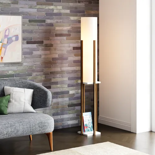Stehleuchte 'Gisborne' mit Ablage - Moderne Stehleuchte in Weiß/Walnuss-Optik, ideal für Wohn- und Arbeitsräume. Inklusive praktischer Ablagefläche für Dekoration und Bücher. Schaffen Sie eine stilvolle Atmosphäre!