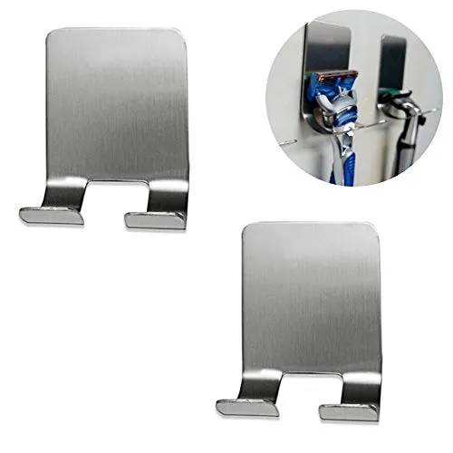 Ritte Rasierer Halter Haken, 2 Stück Rasiererhalter Selbstklebende Mehrzweckhaken Edelstahl Wasserdichte Badezimmer Haken aus Edelstahl Gebürstet Klebehaken Handtuchhaken Ohne Bohren (Silber)